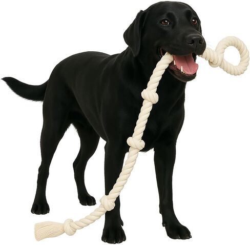 51" Extra Long Dog Rope Tug Toy with Loop Handle – 6-Knot Cotton Rope for Training, Tug-of-War & Interactive Play, Durable for Medium & Large Dogs, Indoor & Outdoor, Washable, White in Kuwait