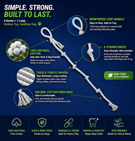 51" Extra Long Dog Rope Tug Toy with Loop Handle – 6-Knot Cotton Rope for Training, Tug-of-War & Interactive Play, Durable for Medium & Large Dogs, Indoor & Outdoor, Washable, White in Kuwait