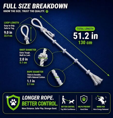 51" Extra Long Dog Rope Tug Toy with Loop Handle – 6-Knot Cotton Rope for Training, Tug-of-War & Interactive Play, Durable for Medium & Large Dogs, Indoor & Outdoor, Washable, White in Kuwait