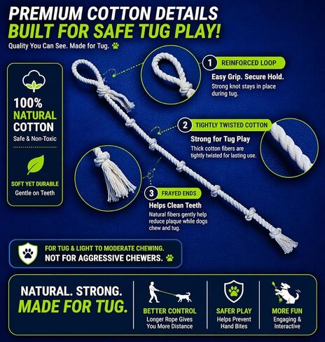 51" Extra Long Dog Rope Tug Toy with Loop Handle – 6-Knot Cotton Rope for Training, Tug-of-War & Interactive Play, Durable for Medium & Large Dogs, Indoor & Outdoor, Washable, White in Kuwait