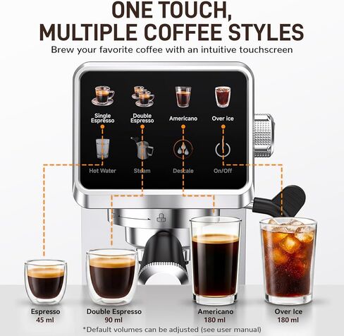 Mecity 20 Bar Espresso Machine with Milk Frother, Touchscreen Coffee Maker for Espresso, Americano & Over Ice Coffee, Compact Stainless Steel Latte & Cappuccino Maker in Kuwait
