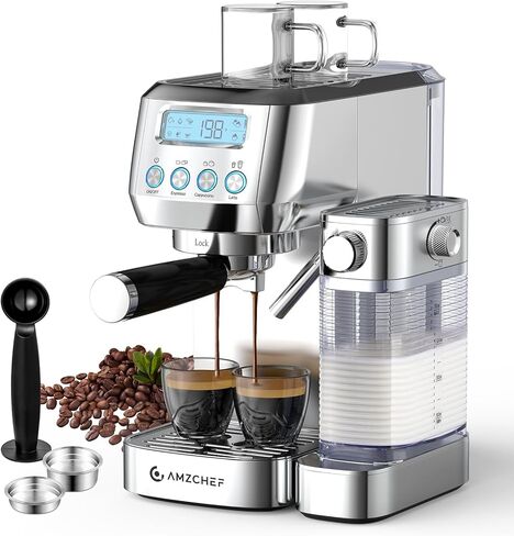 AMZCHEF Espresso Machine with Upgraded Automatic Milk Frother, 20 Bar Cappuccino & Latte Maker with LCD Display, Dual Wall Filters, Metallic Silver – Ideal Home Gift in Kuwait