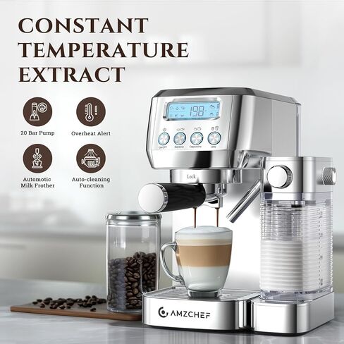AMZCHEF Espresso Machine with Upgraded Automatic Milk Frother, 20 Bar Cappuccino & Latte Maker with LCD Display, Dual Wall Filters, Metallic Silver – Ideal Home Gift in Kuwait