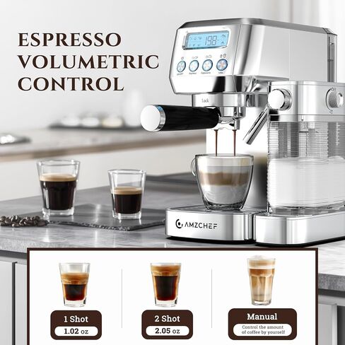 AMZCHEF Espresso Machine with Upgraded Automatic Milk Frother, 20 Bar Cappuccino & Latte Maker with LCD Display, Dual Wall Filters, Metallic Silver – Ideal Home Gift in Kuwait