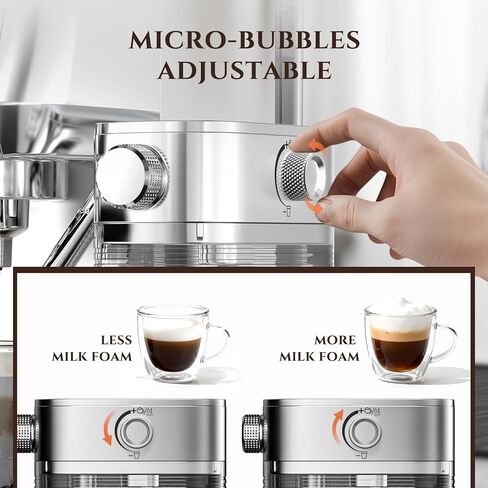 AMZCHEF Espresso Machine with Upgraded Automatic Milk Frother, 20 Bar Cappuccino & Latte Maker with LCD Display, Dual Wall Filters, Metallic Silver – Ideal Home Gift in Kuwait