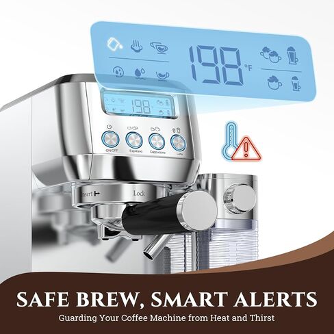 AMZCHEF Espresso Machine with Upgraded Automatic Milk Frother, 20 Bar Cappuccino & Latte Maker with LCD Display, Dual Wall Filters, Metallic Silver – Ideal Home Gift in Kuwait