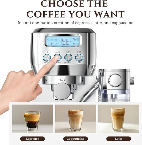 AMZCHEF Espresso Machine with Upgraded Automatic Milk Frother, 20 Bar Cappuccino & Latte Maker with LCD Display, Dual Wall Filters, Metallic Silver – Ideal Home Gift in Kuwait