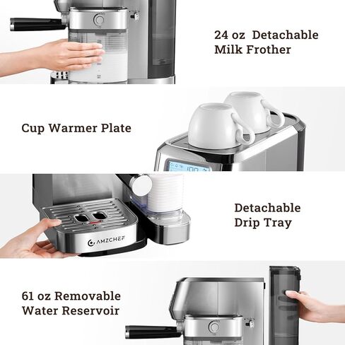 AMZCHEF Espresso Machine with Upgraded Automatic Milk Frother, 20 Bar Cappuccino & Latte Maker with LCD Display, Dual Wall Filters, Metallic Silver – Ideal Home Gift in Kuwait