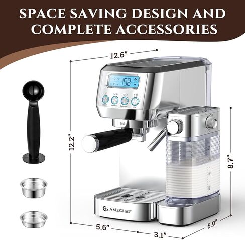 AMZCHEF Espresso Machine with Upgraded Automatic Milk Frother, 20 Bar Cappuccino & Latte Maker with LCD Display, Dual Wall Filters, Metallic Silver – Ideal Home Gift in Kuwait