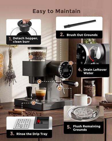20 Bar Espresso Machine | LED Screen Touch Control | 6 Level Adjustable Grinder | Drip Coffee & Cold Brew, Milk Frother, Assisted Tamper & Built-In Accessory Storage Box | 50oz Tank in Kuwait