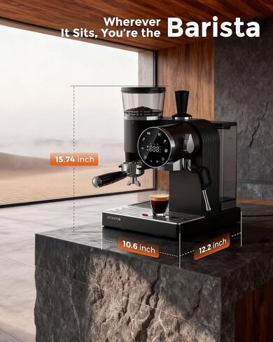 20 Bar Espresso Machine | LED Screen Touch Control | 6 Level Adjustable Grinder | Drip Coffee & Cold Brew, Milk Frother, Assisted Tamper & Built-In Accessory Storage Box | 50oz Tank in Kuwait
