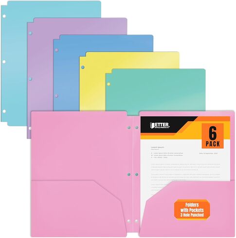 Better Office Products 3 Hole Punch Pocket Folders, Bulk Pack, Sturdy Plastic 2 Pocket Folders, Assorted Pastel Colors, Letter Size, with Business Card Slot,(6 Pack) in Saudi Arabia