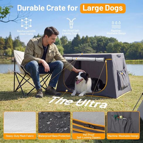43 Inch Collapsible Travel Dog Crate for Medium Large Dogs, Portable Travel Kennel with Storage Pocket, Mesh Windows for Indoor & Outdoor Travel, 43.3" L x 24 "W x 16.14 "H, Dark Grey in Kuwait