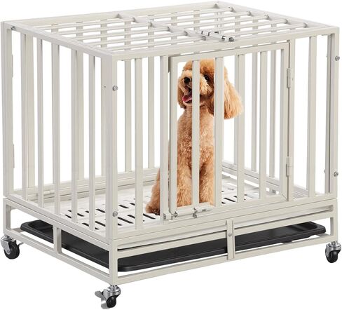 24 Inch Heavy Duty Dog Crate Cage Escape Proof Steel Kennel for High Anxiety Dogs with Sturdy Locks and Removable Tray, Small Dog Crate, White in Kuwait