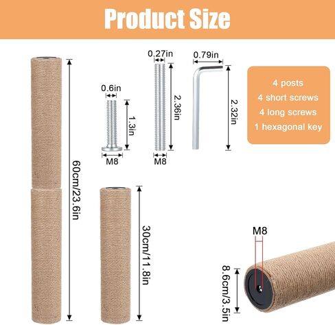 4 Pcs M8 cat Scratching Post Replacement Jute, 11.8x3.5IN Natural Sisal Wrapping Post for Cat Tree, Durable cat Scratching Post for Indoor Cats, Climbing, Scratching, Playing Pet Furniture Accessory in Kuwait