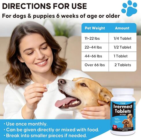 Ivermect Tablets for Dogs, Dog Heart Health Support & Canine Wellness Supplement, Immune Support for Dogs, Monthly Care Formula, High Purity, 100 Tablets in Kuwait