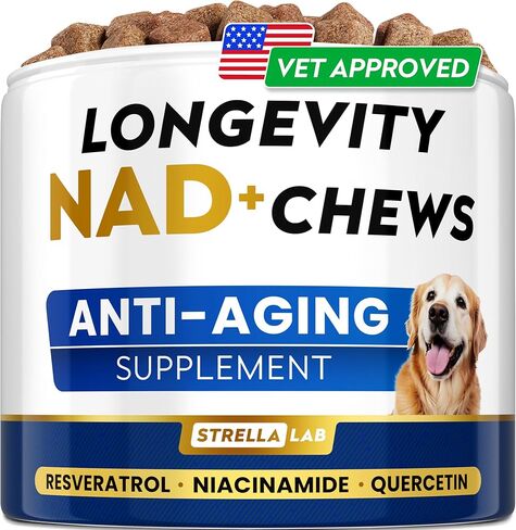 STRELLALAB NAD+ for Dogs - Longevity Supplement - Quercetin, NMN, Resveratrol - Energy Booster for Senior Dogs, Canine Cognitive Supplement for Brain Health - Paw Aging Support Chews - 90Ct in Kuwait
