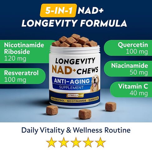 STRELLALAB NAD+ for Dogs - Longevity Supplement - Quercetin, NMN, Resveratrol - Energy Booster for Senior Dogs, Canine Cognitive Supplement for Brain Health - Paw Aging Support Chews - 90Ct in Kuwait