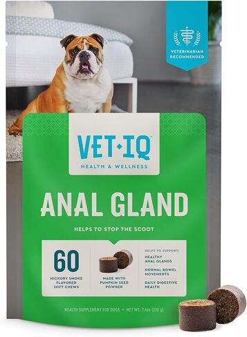 VetIQ مكمل بروبيوتيك للهضم والغدة الشرجية، مضغ ناعم من ألياف اليقطين بنكهة الدخان الهيكوري، 60 قطعة in Kuwait