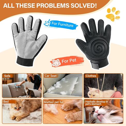 2-in-1 Upgrated Dual Sided Pet Hair Removal Glove, Gentle Deshedding Brushes for Dogs & Cats with Long and Short Fur, Reusable Electrostatic Pet Hair Remover Gloves for Sofa Clothing Cat Beds - 1 Pair in Kuwait