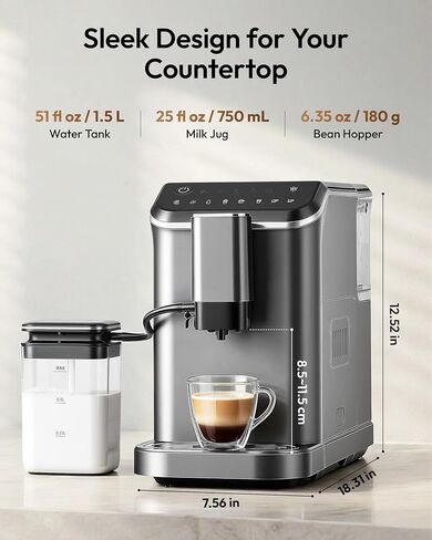 EUHOMY Fully Automatic Espresso Machine, 20 Bar Coffee Maker with Grinder and Integrated Milk Frother, Automatic Espresso Machine with Touch Screen, 15-Grind Settings Coffee Machine for Home, Silver in Saudi Arabia