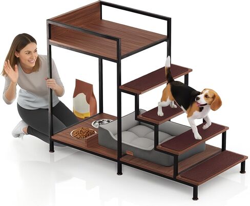 Dog Window Perch with Stairs - Multilevel Perch to Look Out Window with 130 lbs Load Capacity - Pet Bunk Bed with Feeding Station & Anti-Slip Carpet (Walnut Color) in Saudi Arabia