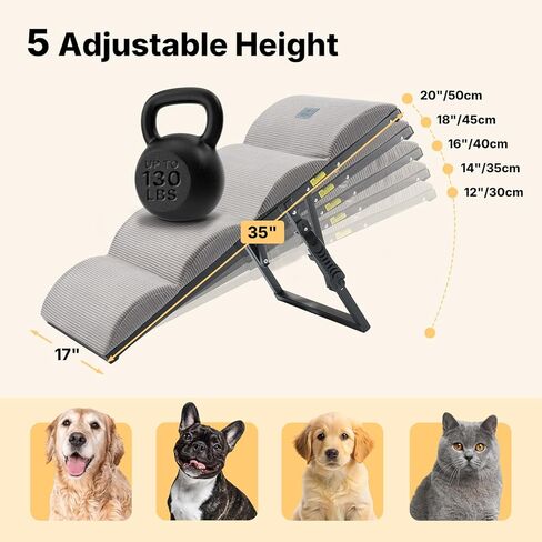 Veehoo Dog Ramp for Bed Couch for Small to Large Dog, Foldable Ramp for Dogs to Get on Bed 5 Adjustable Height from 12" to 20", Pet Cat Stairs Doggy Steps Non Slip with Metal Frame, Up to 130lbs in Kuwait