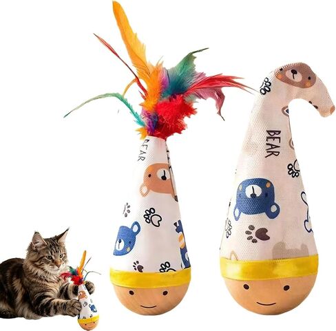 Wooden Wobble Cat Toy, 2026 Upgraded Natural Beechwood Cat Toy, Self-Righting Interactive Toy with Colorful Feathers, Silent Battery-Free Play for Solo Exercise (Colorful Feathers) in Saudi Arabia