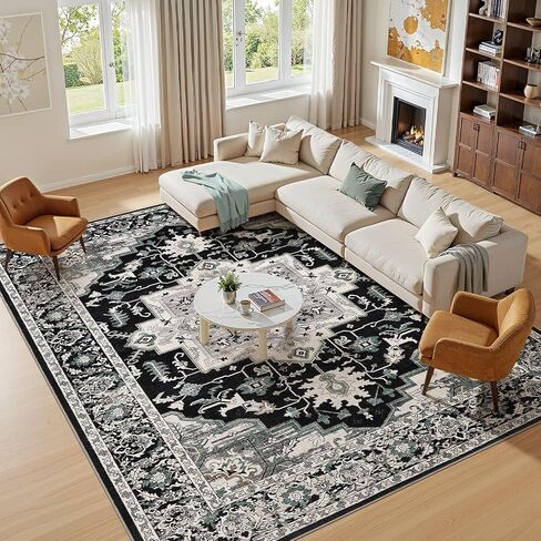 Vintage Washable Area Rugs for Living Room 8x10: Large Soft Low Pile Rug for Bedroom Dining Room Rugs for Under Table - Indoor Foldable Accent Print Distressed Carpet - Blue Grey in Saudi Arabia