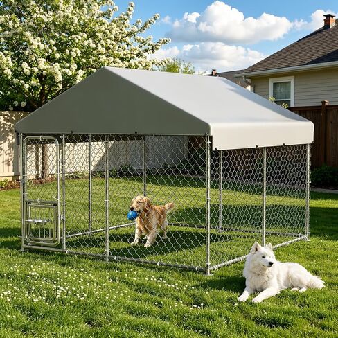 GarveeLife Dog Kennel Outdoor with Waterproof Cover, Outdoor Dog Enclosure with 360° Rotating Feeding Bowls, Dog Kennel Outside for Backyard, 7.5ftx7.5ftx6.6ft in Saudi Arabia