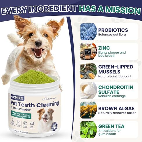 Dental Cleaning Joint Powder for Dogs - 6.35OZ Dog Dental Cleaning Powder with Probiotics to Lighten Bad Breath and Control Plaque Tartar Supports Dog Dental Care and Joint Health in Kuwait