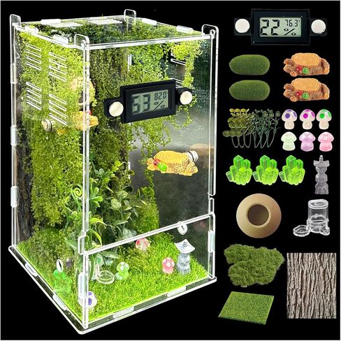 Jumping Spider Enclosure Kit,(Contains All Components) DIY Insects Habitat,Small Reptile Terrarium Glass House Accessories Set,with Temperature and Humidity Detector.5.5“x5.5"x9.5“ (Green) in Kuwait