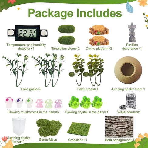 Jumping Spider Enclosure Kit,(Contains All Components) DIY Insects Habitat,Small Reptile Terrarium Glass House Accessories Set,with Temperature and Humidity Detector.5.5“x5.5"x9.5“ (Green) in Kuwait