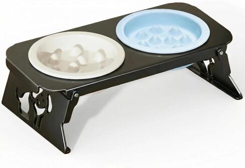 Elevated Ceramic Slow Feeder Bowls, 2 Bowls & Black Stainless Steel Stand,for Cats and Small Medium Dogs, 1.5 Cups*2,Raised Cat Food and Water Bowl Set, Blue & White in Kuwait