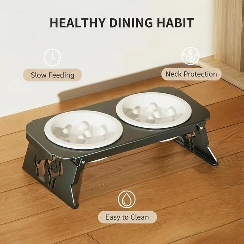 Elevated Ceramic Slow Feeder Bowls, 2 Bowls & Black Stainless Steel Stand,for Cats and Small Medium Dogs, 1.5 Cups*2,Raised Cat Food and Water Bowl Set, Blue & White in Kuwait
