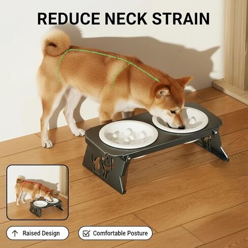 Elevated Ceramic Slow Feeder Bowls, 2 Bowls & Black Stainless Steel Stand,for Cats and Small Medium Dogs, 1.5 Cups*2,Raised Cat Food and Water Bowl Set, Blue & White in Kuwait