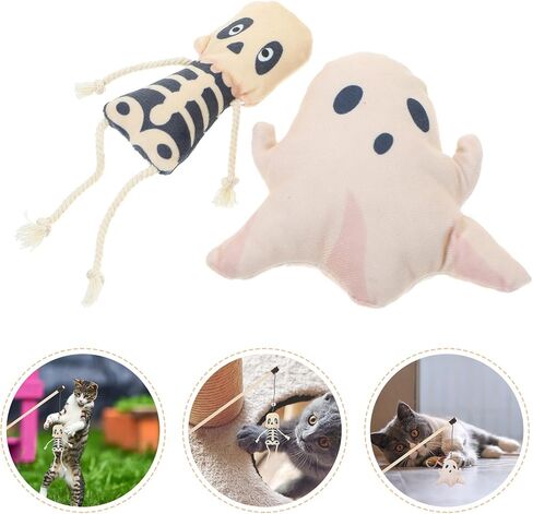 2pcs Halloween Catnip for Indoor Cats, Soft Plush Ghost and Skull Interactive Kitten, Portable Funny Cat for Biting and Playing in Kuwait