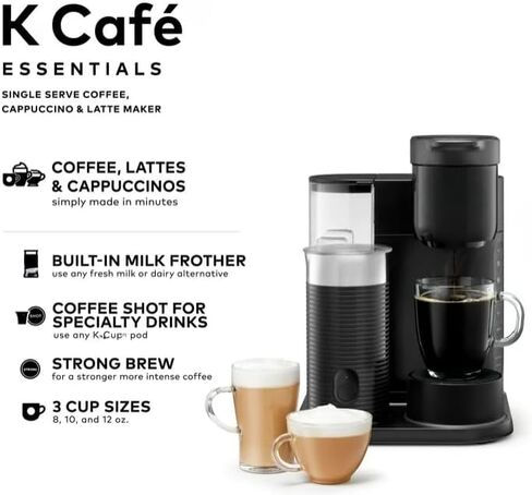 KeuriigK K Cafe Essentials Single Serve K Cup Pod Coffee, Latte and Cappuccino Maker, Built In Milk Frother, Latte & Cappuccino Brewer, Espresso Shot, 3 Brew Sizes, 42 oz Water Reservoir, color Black in Kuwait