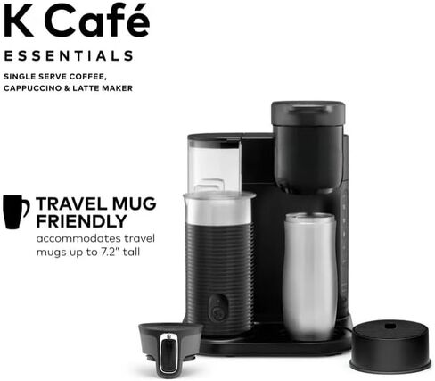 KeuriigK K Cafe Essentials Single Serve K Cup Pod Coffee, Latte and Cappuccino Maker, Built In Milk Frother, Latte & Cappuccino Brewer, Espresso Shot, 3 Brew Sizes, 42 oz Water Reservoir, color Black in Kuwait