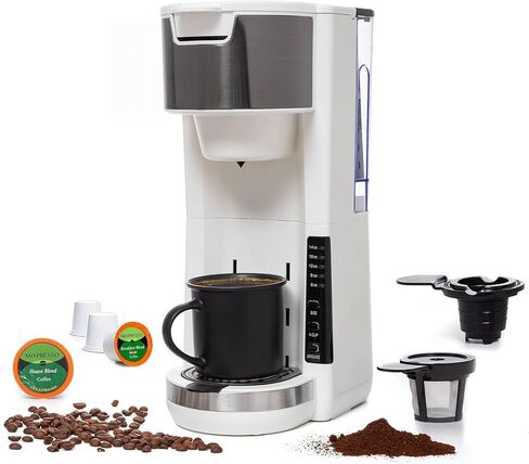 Single Serve Coffee Maker, 2 in 1 Brewer for K Pod & Ground Coffee, 180s Rapid Brew 6 to 14oz Capacities with Auto Shut Off, Small Compact Design for Home Office Travel Camping-White in Kuwait