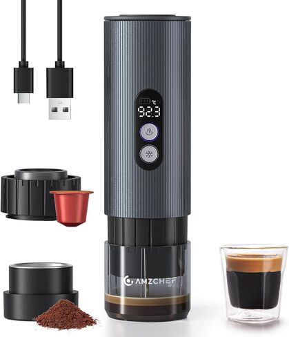 AMZCHEF Portable Coffee Maker Rechargeable w/ 9000mAh Battery, 2-in-1 Travel Espresso Maker for Ground/NS Capsules, Car Espresso Machine Self-Heating for Camping, RV, Hiking, Office, Aluminum in Kuwait