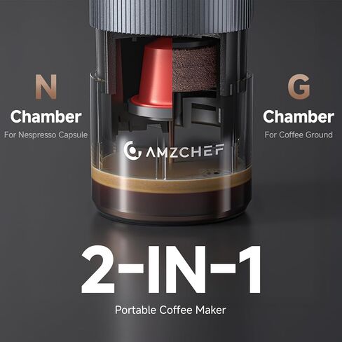 AMZCHEF Portable Coffee Maker Rechargeable w/ 9000mAh Battery, 2-in-1 Travel Espresso Maker for Ground/NS Capsules, Car Espresso Machine Self-Heating for Camping, RV, Hiking, Office, Aluminum in Kuwait