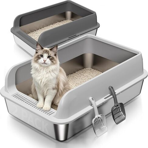 2 Pack XL Stainless Steel Litter Box with Lid, Extra Large Metal Litter Pan for Multi Cats, High Sides with Anti-Leakage Enclosure, Easy Cleaning, Non-Stick, Odor Control,Include Scoops in Kuwait