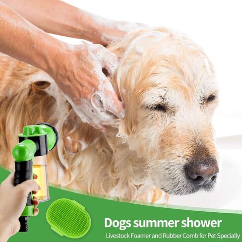 2 Pcs Hose Nozzle with Soap Dispenser, Rubber Comb Brush, and Spray Foamer for Pet Showering - Outdoor Bathing Sprayer Bottle (Green) in Kuwait