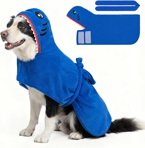 SCENEREAL Dog Bathrobe Fast Drying Towel Microfiber Dog Towel Robe with Hook and Loop Closure & Wrap Tie Snuggle, Super Absorbent Pet Cat Dog Bath Robe Drying Coat, Shark Hood XL in Kuwait