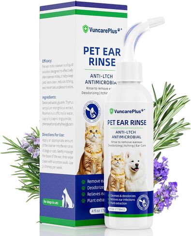 Cat & Dog Ear Cleaner Solution, Soft Nozzle Ear Treatment for Dogs & Cats, Gently Removes Ear Wax & Debris, Soothes Ear Itching & Inflammation, Deodorizing Pet Ear Wash with Thyme 4 fl oz in Kuwait