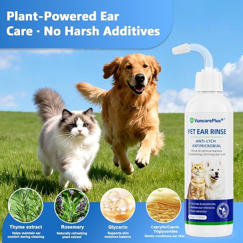 Cat & Dog Ear Cleaner Solution, Soft Nozzle Ear Treatment for Dogs & Cats, Gently Removes Ear Wax & Debris, Soothes Ear Itching & Inflammation, Deodorizing Pet Ear Wash with Thyme 4 fl oz in Kuwait