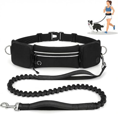 Hands Free Dog Leash 3 Zip Pounchs with Reflective Strips Poop Bag Dispenser,Waist Belt Fanny Pack Waterproof,Dual Handles and Durable Bungee for Dog Walking,Jogging and Running (black-black) in Kuwait