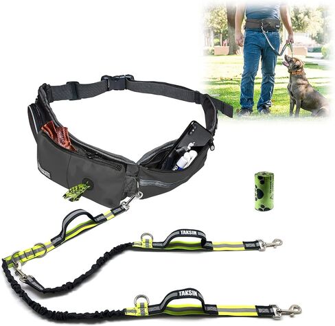 TAKSIN The Ultimate Hands Free Two Dogs Double Leash System for Walking Running Hiking Training, Reflective Bungee Leash, Treat Holder, Poop Bag Dispenser for Small Medium Large Dogs (Grey Pack) in Saudi Arabia