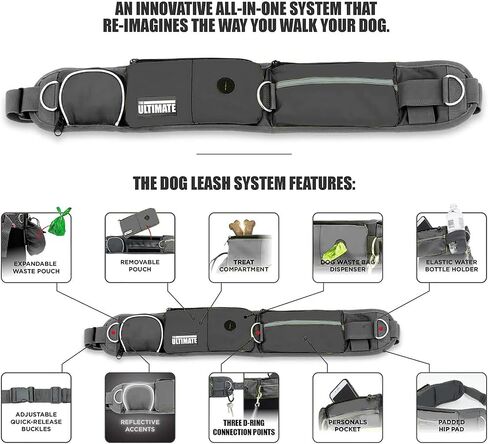 TAKSIN The Ultimate Hands Free Two Dogs Double Leash System for Walking Running Hiking Training, Reflective Bungee Leash, Treat Holder, Poop Bag Dispenser for Small Medium Large Dogs (Grey Pack) in Saudi Arabia